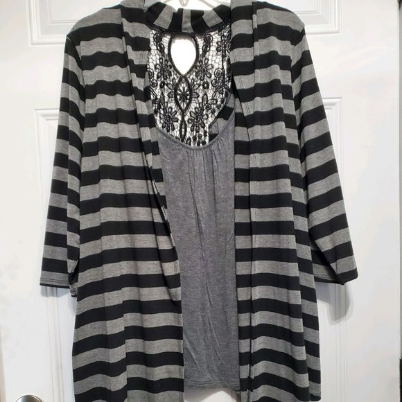 Deb Sweaters - Deb Black & Gray Striped Cardigan with Lace Trim size 2XL